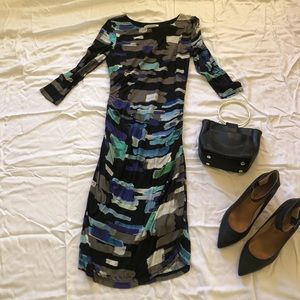 Kay Unger New York jersey dress with ruching and brushstroke design, size 6